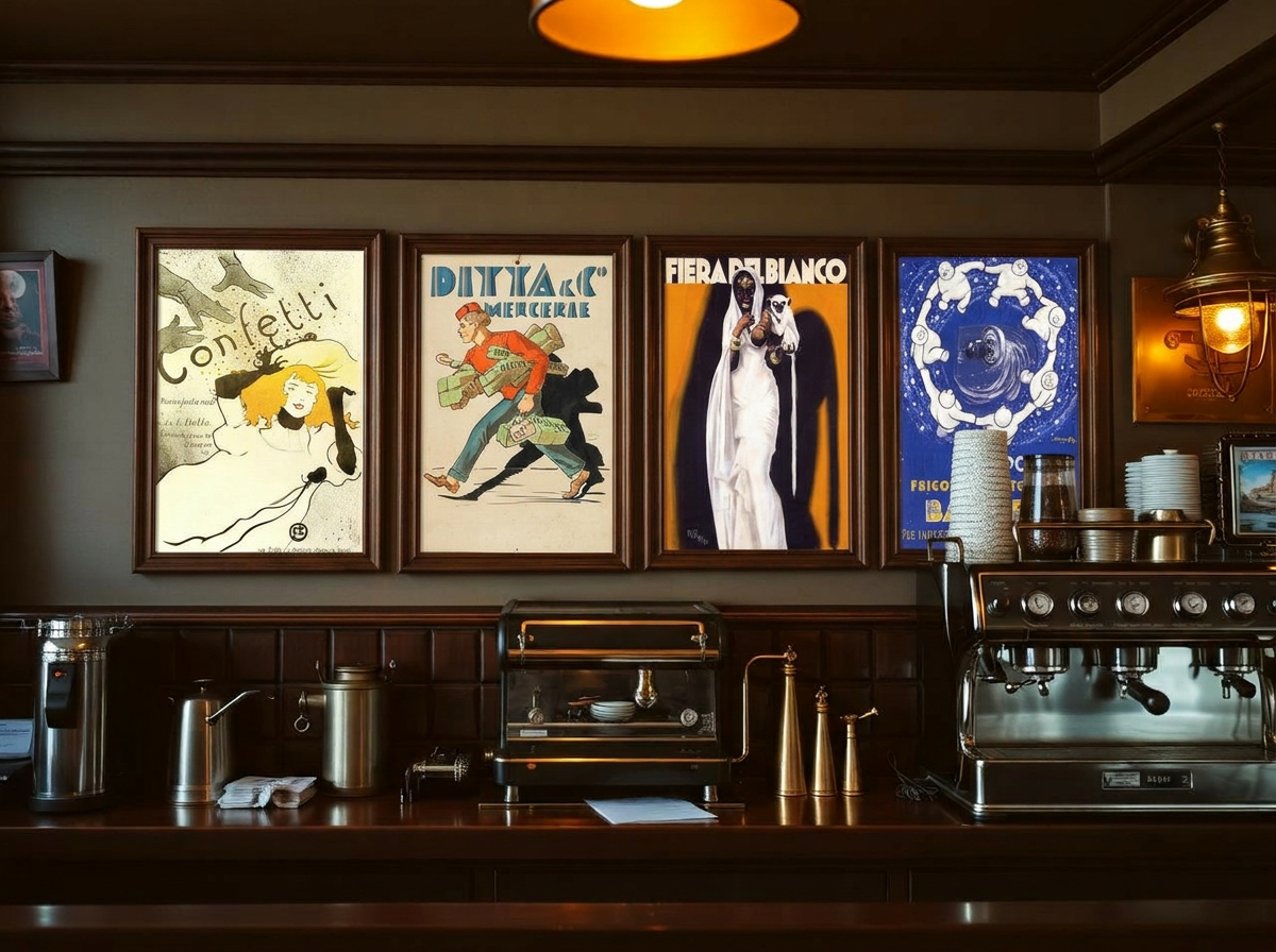 Bar italiano con manifesti reclame vintage