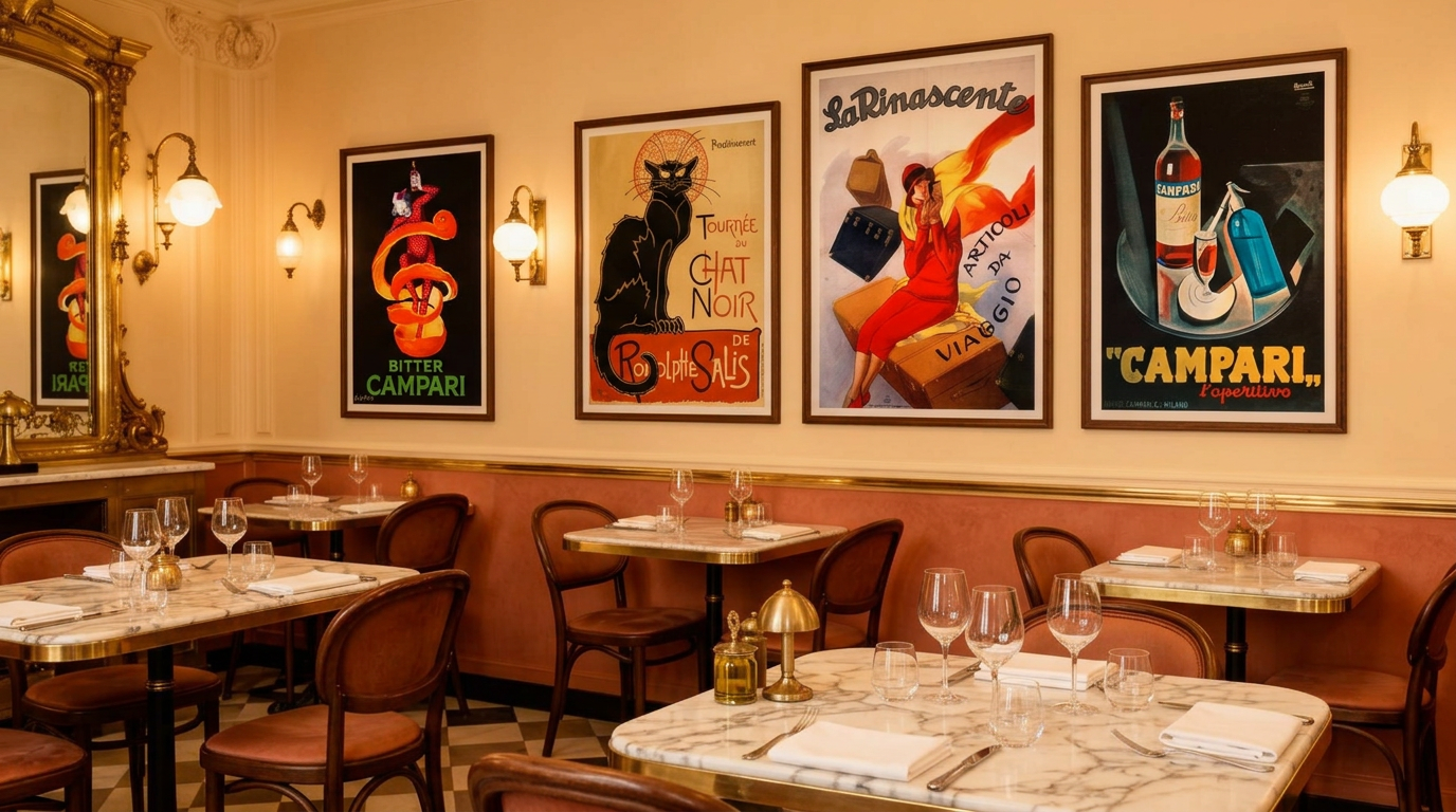 Ristorante elegante decorato con manifesti vintage italiani